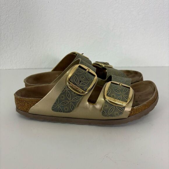 Birkenstock Blue with Gold Floral and Gold Sides Arizona Slide Leather Sandals - Picture 1 of 9